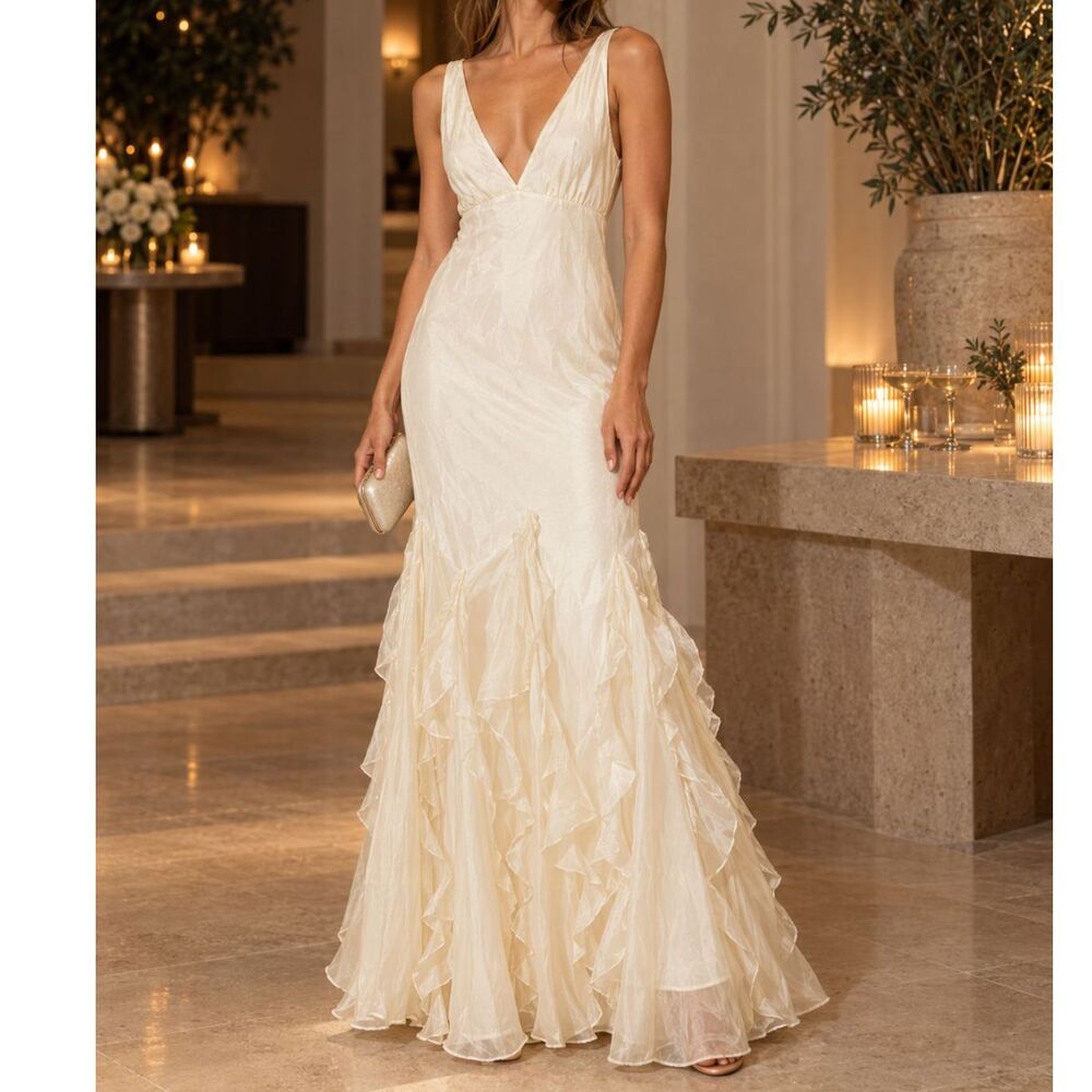 Lulus Deluca Ivory Sleeveless Satin Ruffle Maxi Dress NWT M Romantic Bridal Gown